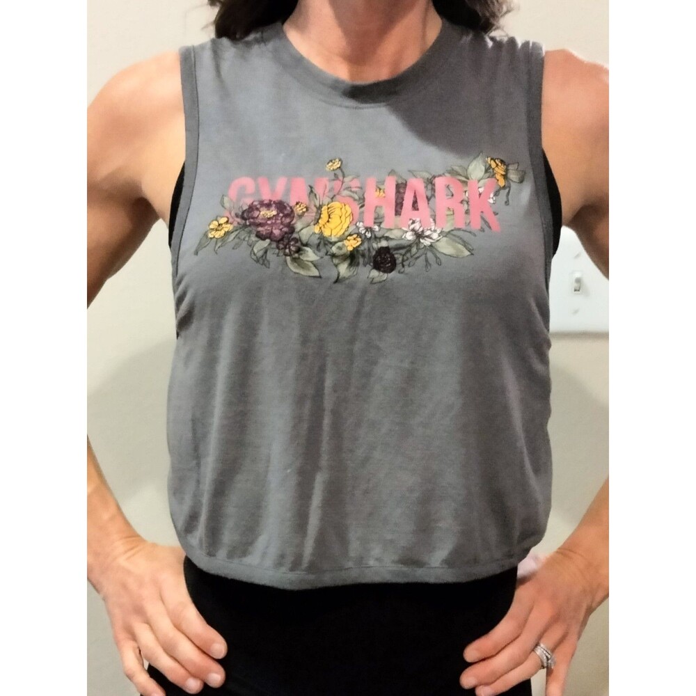 GymShark women's Sleeveless Work Out Shirt - Gray With Colored Decals | XS